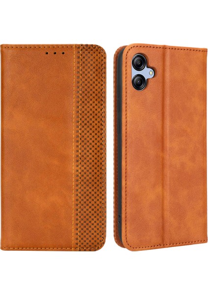 Retro Doku Samsung Galaxy A04E 4g Için Retro Doku Koruyucu Telefon Kapağı, Manyetik Otomatik Kapanış Baskılı Pu Desen Pu Deri Flip Cüzdan Stand Anti-Drop Telefon Kılıfı (Yurt Dışından)