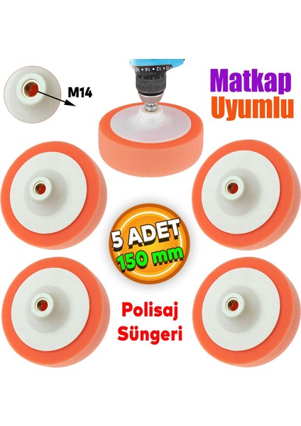 Oto Araç Araba Pasta Cila Polisaj Süngeri Zımpara Tabanlı Turuncu 150 Mm M14 Uyumlu (5 ADET)