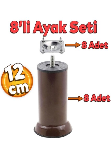 Mobilya Kanepe Baza Koltuk Destek Ayağı M8 Civata 12 Cm Kahverengi Ayakları Bağlantı Aparatı 8li Set