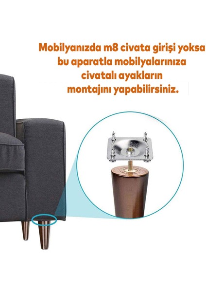 Mobilya Kanepe Baza Koltuk Destek Ayağı M8 Civata 12 Cm Kahverengi Ayakları Bağlantı Aparatı 8li Set
