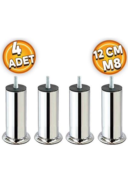 Mobilya Kanepe Koltuk Baza Yatak Çekyat Yükseltme Ayağı M8 Ince Diş Krom Metal Ayakları 12 Cm 4 Adet