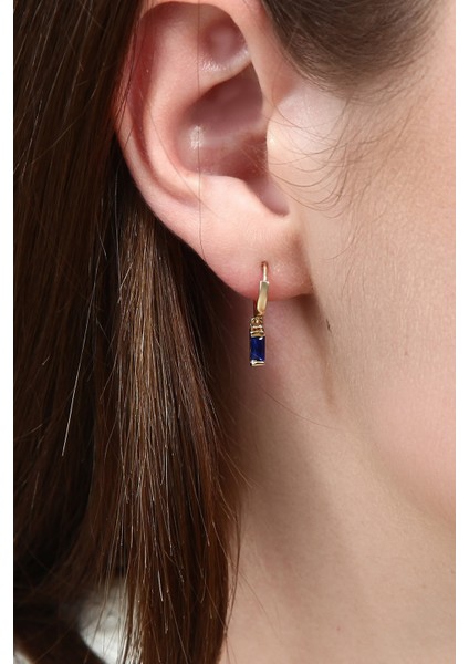 14 Ayar Altın Sallantılı Lacivert Baget Taşlı Halka Küpe modelleri