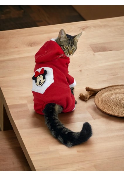 Kırmızı Sevimli Fare Kapşonlu Duo Kedi Tulumu