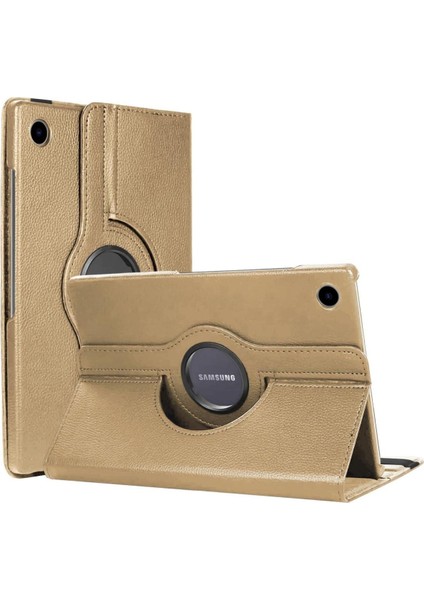 Samsung Galaxy Tab A8 X200 10.5" Uyumlu 360° Dönen Stand Suni Deri Kılıf, Gold