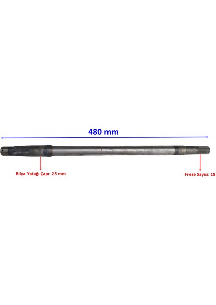E-Yük Arabası Volta Arka Aks 480 mm Bilya Yatağı 25 mm 18 Freze Öm