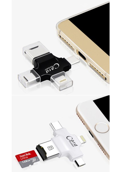 Tüm Telefonlar Için Kart Okuyucu 4in1 Type-C- Iphone Lightning-Micro Kart Okuyucu Card Reader
