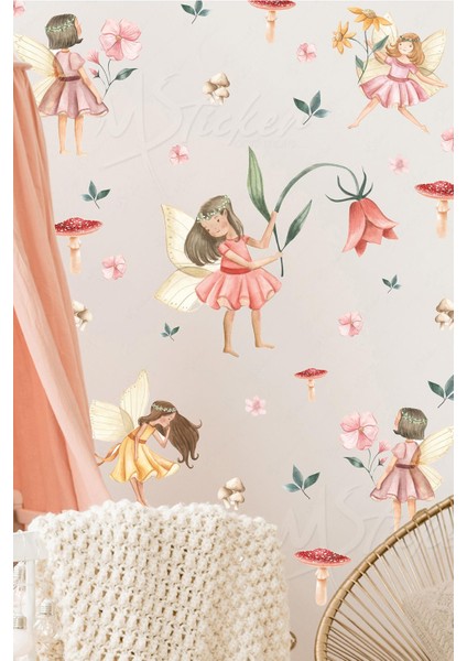 Çiçek Perileri ve Mantarlar Çocuk Bebek Odası Sticker Seti