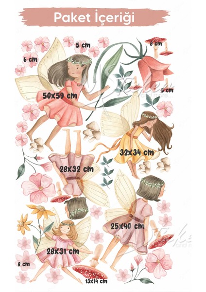 Çiçek Perileri ve Mantarlar Çocuk Bebek Odası Sticker Seti modelleri