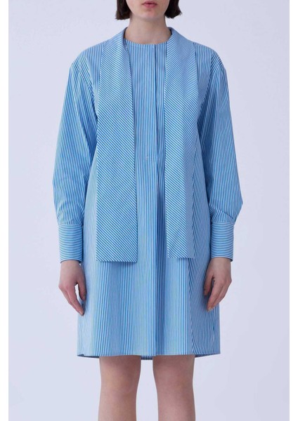 Yaka Detaylı Çizgili Günlük Elbise Mavi - Beyaz Y2111041_394
