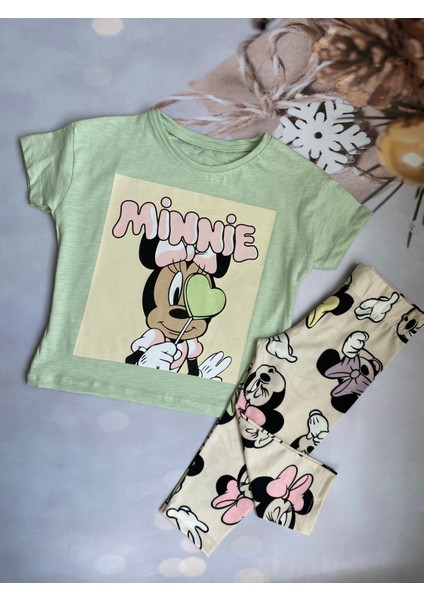 Kız Çocuk Minnie Mouse Baskılı T-Shirt ve Kapri Tayt Takım