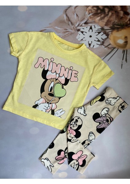 Kız Çocuk Minnie Mouse Baskılı T-Shirt ve Kapri Tayt Takım