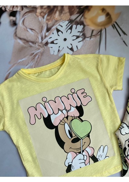 Kız Çocuk Minnie Mouse Baskılı T-Shirt ve Kapri Tayt Takım