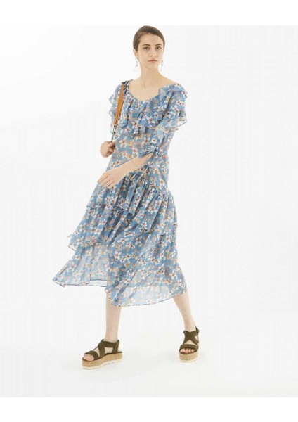 Çiçek Desenli Elbise Mavi Y9911016_036 fırsatları