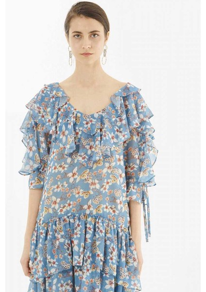 Çiçek Desenli Elbise Mavi Y9911016_036