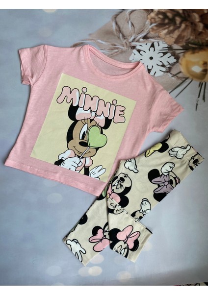 Kız Çocuk Minnie Mouse Baskılı T-Shirt ve Kapri Tayt Takım