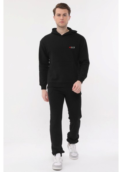 Erkek Siyah Kapüşonlu Sweatshirt Rahat Giyim Yumuşak