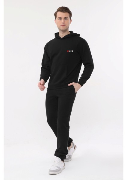 Erkek Siyah Kapüşonlu Sweatshirt Rahat Giyim Yumuşak