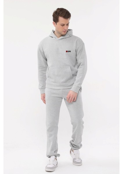 Erkek Gri Kapüşonlu Sweatshirt Rahat Giyim Yumuşak