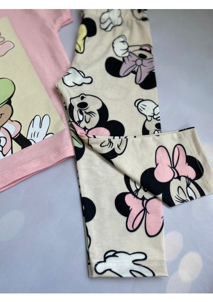 Kız Çocuk Minnie Mouse Baskılı T-Shirt ve Kapri Tayt Takım