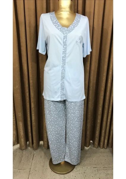 NENA-24053-Kadın Kısa Kollu Önden Açık Pijama Takımı-Mavi