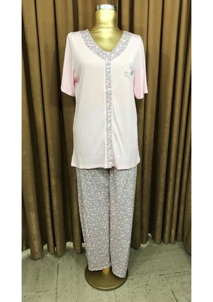 NENA-24053-Kadın Kısa Kollu Önden Açık Pijama Takımı-Pembe