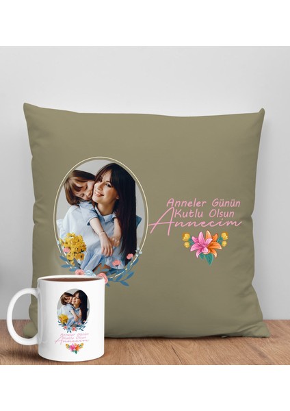 Kişiye Özel Fotoğraflı Anneler Günü Tasarımlı Haki Kırlent Yastık ve Kupa Seti, Anneye Hediye, Ev Dekorasyonu, Anneler Günü Hediyesi-1