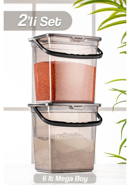 Un ve Bakliyat Erzak Kabı Çok Amaçlı Kapaklı Kulplu Deterjan Saklama Kabı 6 Lt - 2 Adet