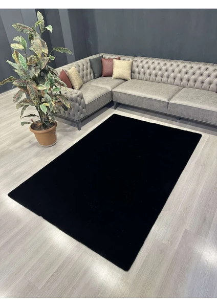 Extra Carpet Modern Tavşan Tüyü Yumuşacık Tüy Dökmez Peluş Halı Siyah