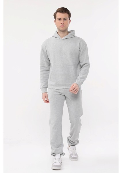 Erkek Gri Kapüşonlu Sweatshirt Şardonlu