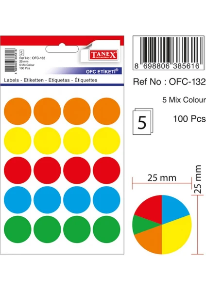 OFC-132 Etiketi 25mm Yuvarlak Çok Renkli, 100’lı Paket