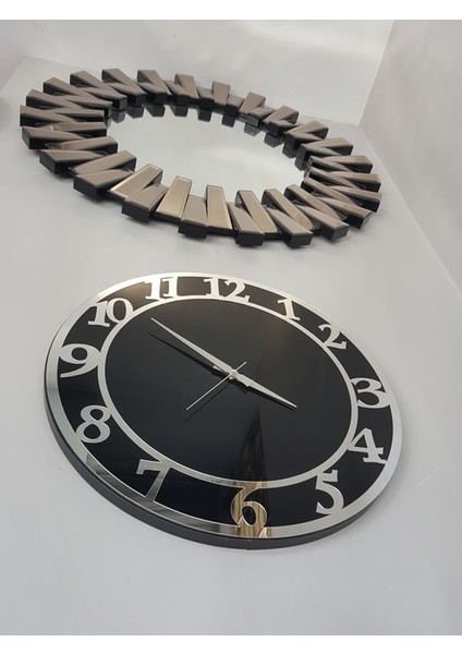 Silver Matris Black Model Gümüş Siyah Renk 50 Cm Dekoratif Aynalı Duvar Saati