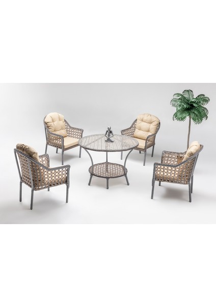 Zen Masalı Çay Seti Bahçe ve Balkon Mobilyası Takımı (1+1+1+1+ Çap 110 Masa), Çift Renk