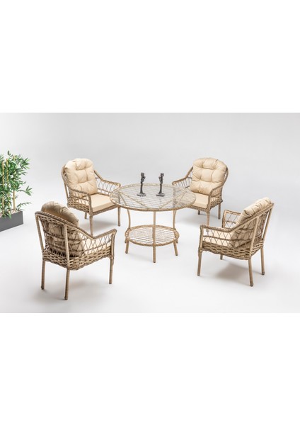 Zen Masalı Çay Seti Bahçe ve Balkon Mobilyası Takımı (1+1+1+1+ Çap 110 Masa), Krem