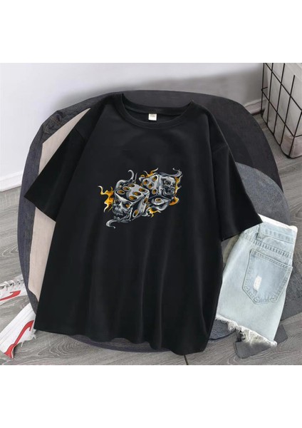 Flaming Dice Skulls Siyah Oversize T-Shirt