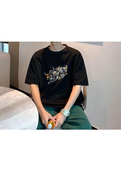 Flaming Dice Skulls Siyah Oversize T-Shirt