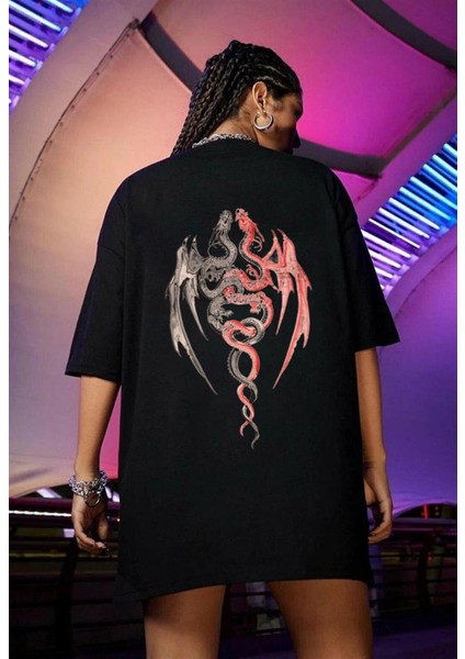 Twin Dragon Sırt Baskılı Oversize T-Shirt