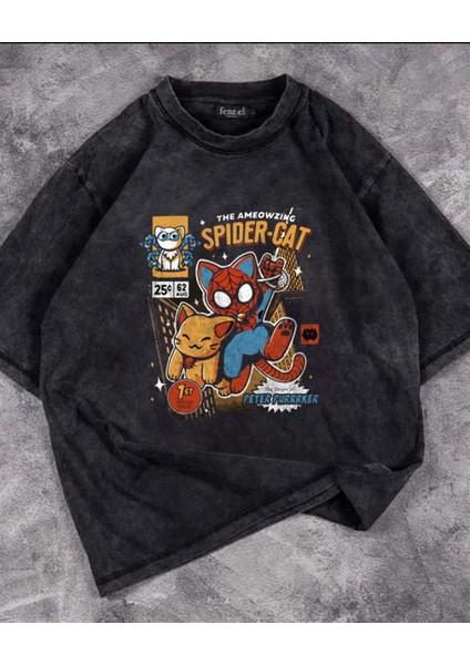 Yıkamalı Spider-Cat Baskılı Oversize Eskitme T-Shirt