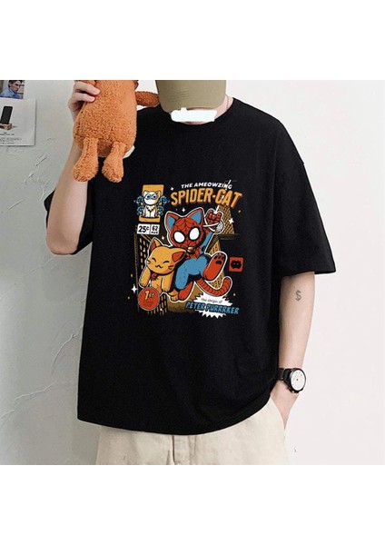 Spider-Cat Baskılı Siyah Oversize T-Shirt