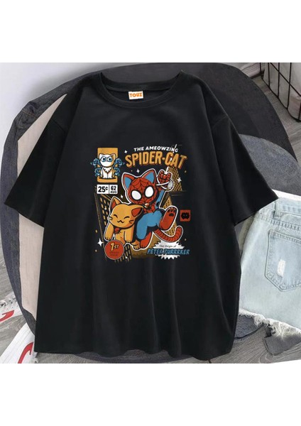 Spider-Cat Baskılı Siyah Oversize T-Shirt fiyatları