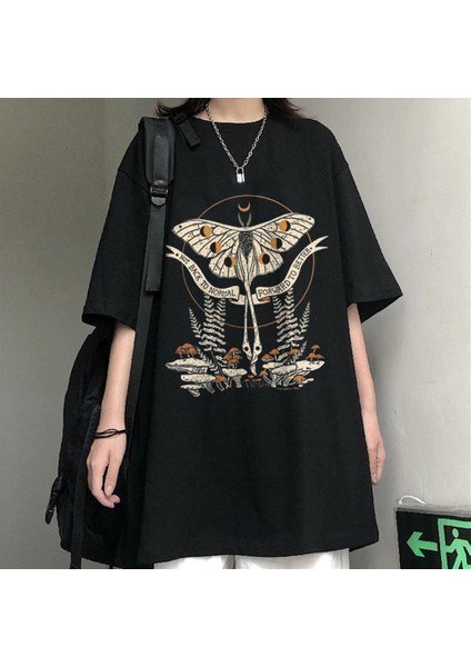 Butterfly & Mushrooms Siyah Oversize T-Shirt