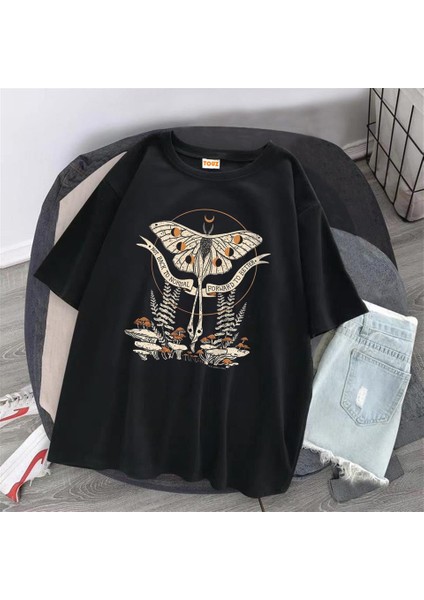 Butterfly & Mushrooms Siyah Oversize T-Shirt