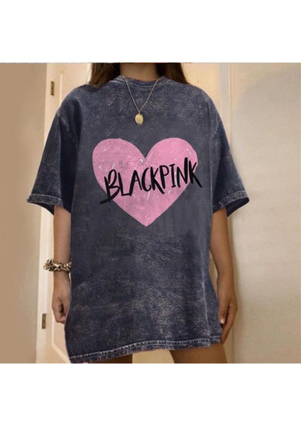 Yıkamalı Black Pink Heart Eskitme T-Shirt