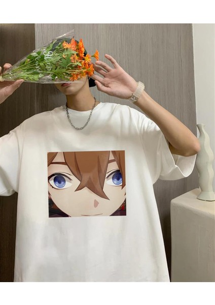 Genshin Impact Baskılı Beyaz Oversize T-Shirt