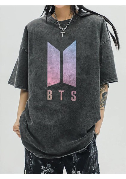 Yıkamalı Bts Logo Eskitme T-Shirt