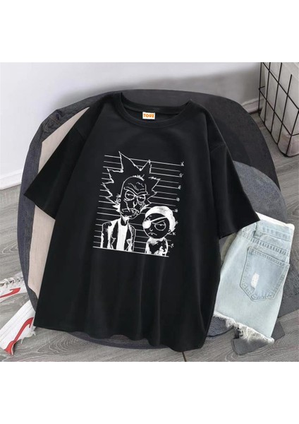 R&M Baskılı Siyah Oversize T-Shirt