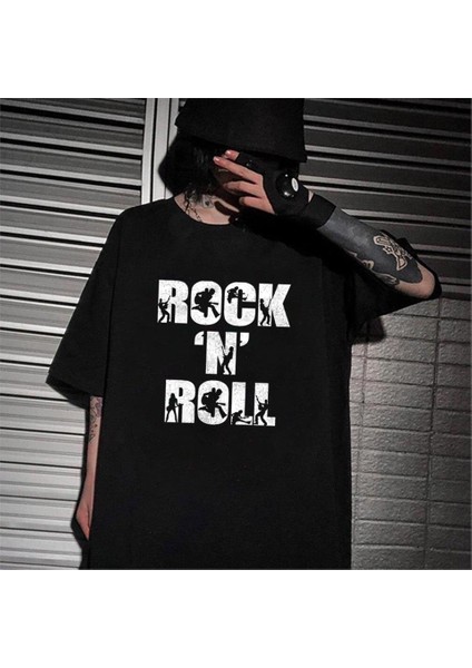 Rock 'N' Roll Siyah Oversize T-Shirt