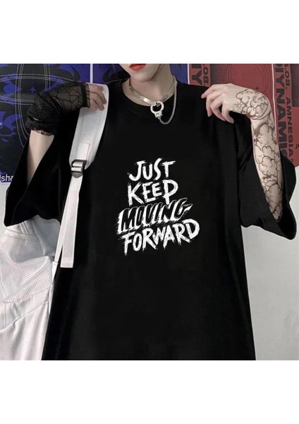 'Just Keep' Siyah Oversize T-Shirt