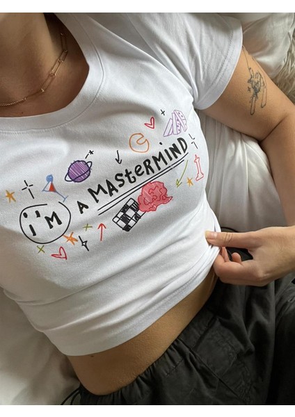 I'M A Mastermind Baskılı Beyaz Crop