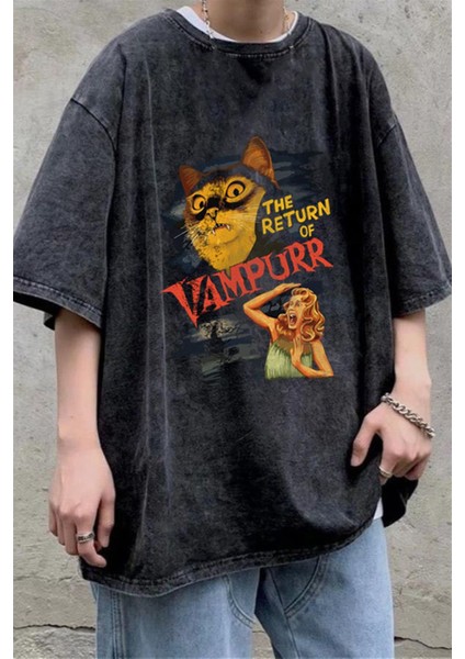 Yıkamalı The Return Of Vampurr Baskılı Oversize Eskitme T-Shirt