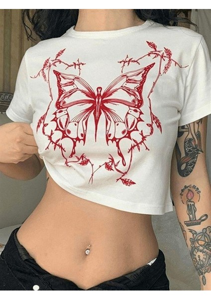 Symmetrical Butterfly Baskılı Beyaz Crop